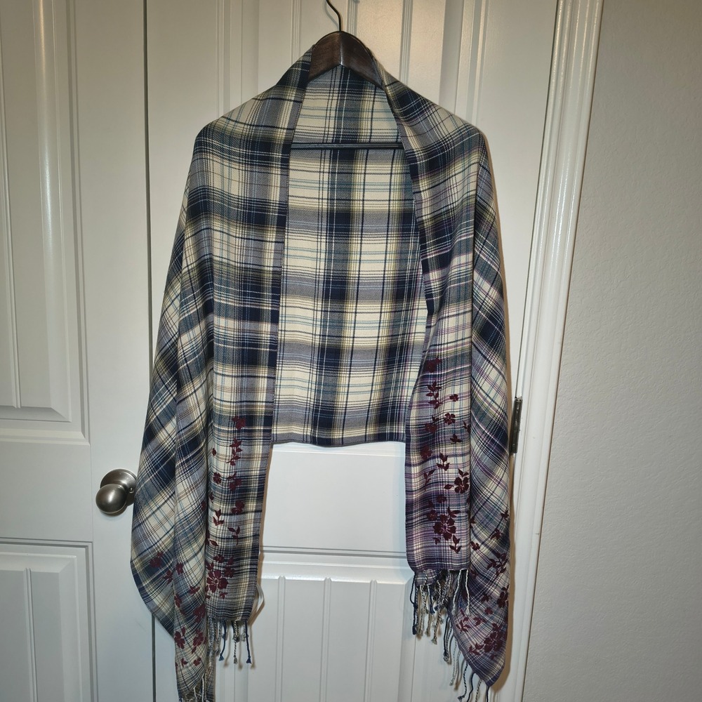 J. Jill Plaid Floral Embroidered Scarf Wrap Navy Blue Multi Fringe 178541 NWT